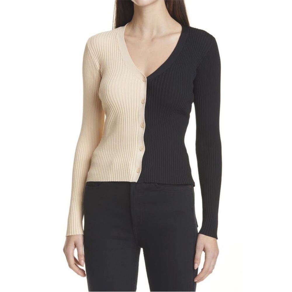 STAUD Two-Tone Black and Cream Ribbed V-Neck Top size S